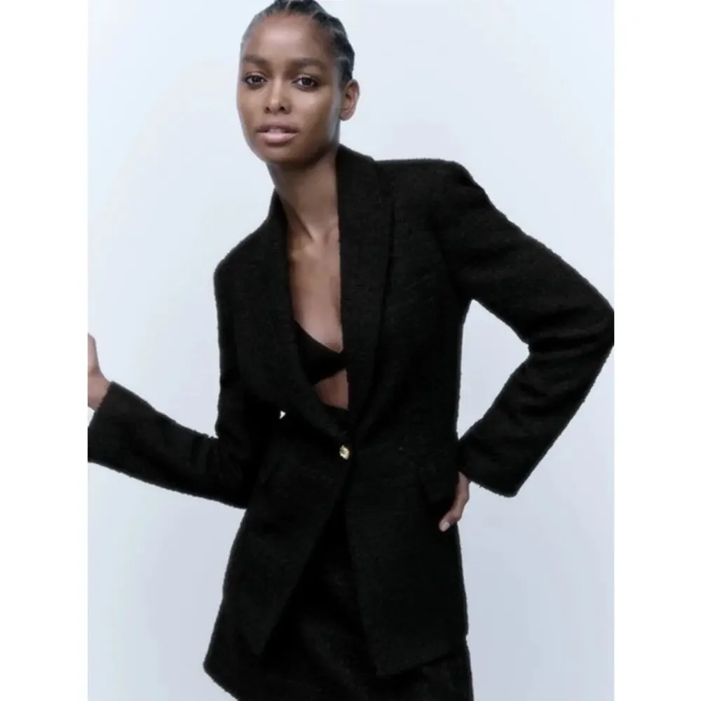 Zara Black Textured Tweed Blazer Size Large Oversized Chic Quiet Luxury Office